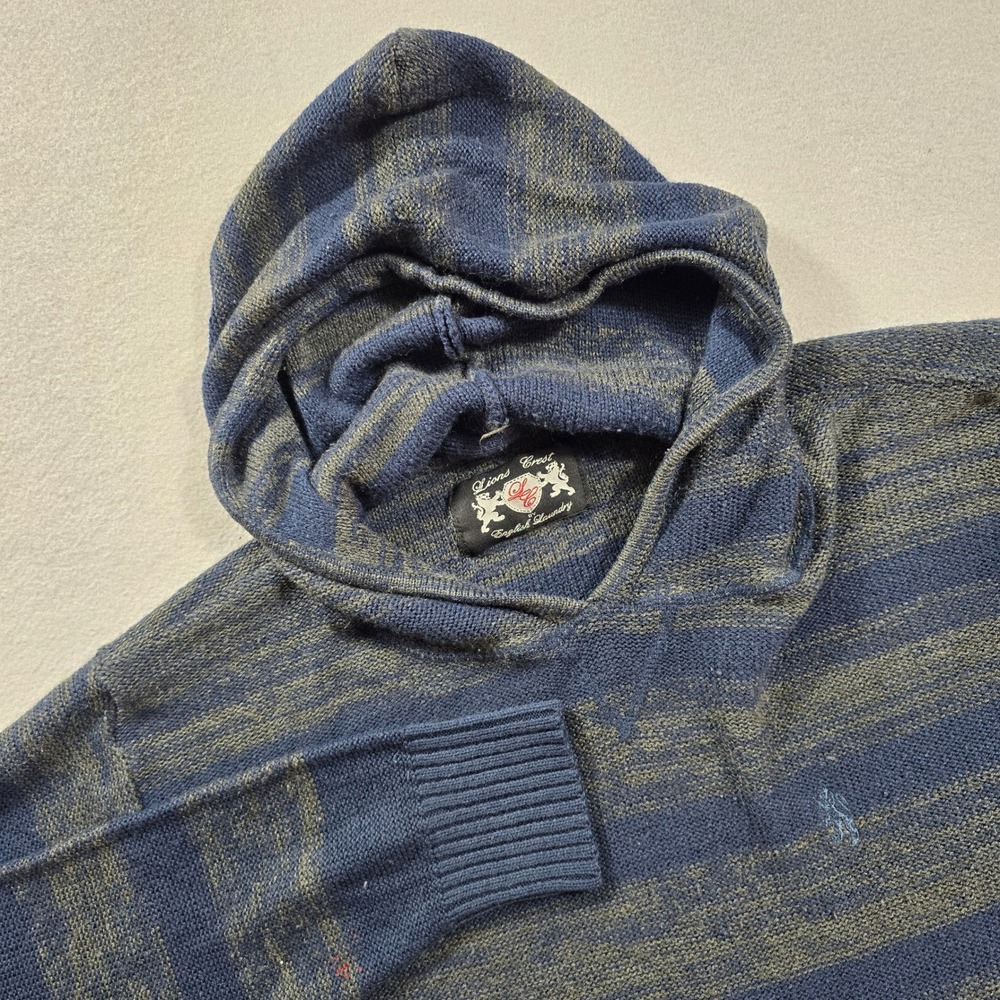 English Laundry Mens Large Blue Striped Sweater Hoodie Lions Crest Knit Pullover